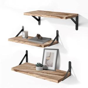 Wood Floating Shelves for Wall Set of 3, Floating Shelves with Storage, Shelves for Room Wall Decor for Bedroom, Bathroom, Living Room, Office (Brown, 16.5")