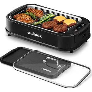 Indoor Grill, CUSIMAX Smokeless Grill Indoor, 1500W Electric Grill Griddle Korean BBQ with LED Smart Display & Tempered Glass Lid, Non-stick Removable Grill Plate & Griddle Plate, Black