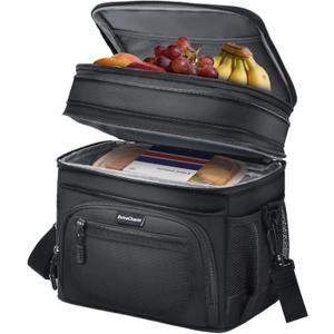 ExtraCharm Lunch Box for Men/Women Adults - Insulated Large Double Deck Leakproof Expandable Lunch Bag with Adjustable Shoulder Strap, Heavy Duty Cooler Bag for Work Camping Picnic (Black)
