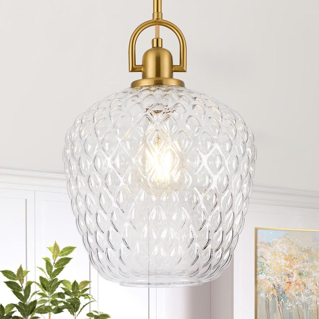 Brushed Gold Pendant Lights Kitchen Island, 10" Large Glass Pendant Light with Hammered Glass, Modern Hanging Lighting Fixtures for Kitchen Island Dining Room Entryway Foyer