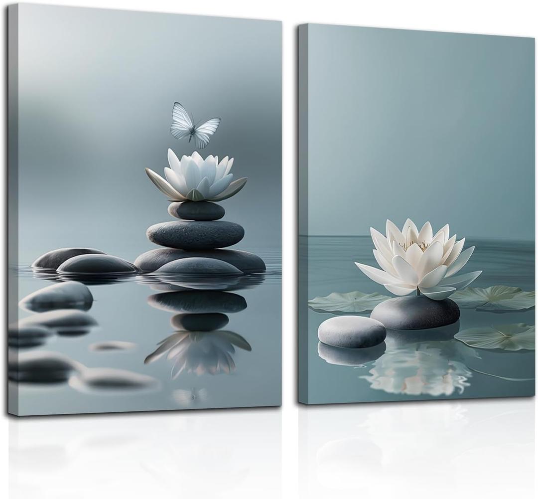 CGXY Zen Stones Spa Wall Art White Lotus Floral Bloom on Stone in Water Picture for Zen Office Meditation Posters, Yoga Spa Meditation Spiritual Room Decor Modern Framed Spiritual Artwork 16"x24"x2