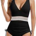 Buauty Women's One Piece Swimsuits Tummy Control Bathing Suits for Womens Color Block Drawstring V Neck Slimming Swimwear, Large