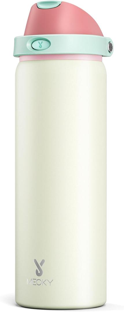 32 oz Insulated Water Bottle with Straw: Meoky Stainless Steel Metal Water Bottle with 2-in-1 Lid - Leak Proof, Cold for 24 Hours, Protective Silicone Base, BPA-Free for Sports Gym, Cream