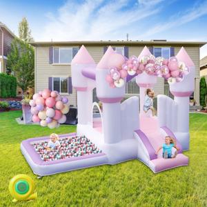 FINCOME Inflatable Bounce House for Kids, Bounce House with Slide, Jumping Bouncy Castle for Wedding, Party, Birthday Indoor/Outdoor (Purple)