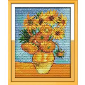 IUHUI 14 Count Stamped Cross Stitch Kits for Beginners Adults, Sunflower of Van Gogh Pre-Printed DIY 14ct Embroidery Sewing Starter Kit Needlework Easy Patterns Famous Paintings