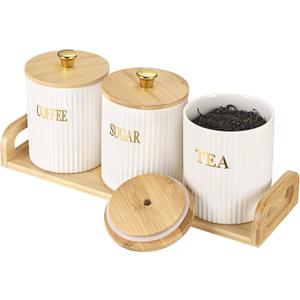 3 Pack Ceramic Canister Set with Bamboo Lids and Handle Tray, Coffee Tea Sugar Container Set, White Ceramic Storage Jar Kitchen Canister for Countertop, White-Style 2