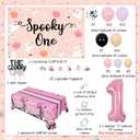 JOYMEMO Halloween 1st Birthday Decorations Girl, Spooky One Backdrop Tablecloth with Pink Purple Halloween Balloon Garland Arch Kit, The Spooky One Cake Topper Cupcake Toppers Party Supplies