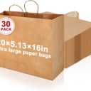 Maitys 30 Pcs 20x16x5 Inch Extra Large Paper Gift Bags with Handles Bulk Kraft Bags for Business, Merchandise, Gifts, Shopping, Retail Stores, Birthday Party Brown Color for Multiple Uses