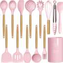 Silicone Kitchen Utensils Set - 446F Heat Resistant Cooking Utensil Sets, Spatula,Turner,Tongs,Spoon,Brush,Whisk, Wooden Handle Silicone Kitchen Gadgets Tools for Non-Stick Cookware BPA Free (Pink)