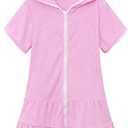 LUCKYGAL Girls Swim Cover Up Kids Swimsuit Coverup Terry Zip-Up Beach Bathing Suit Wraps with Sunglasses, 6