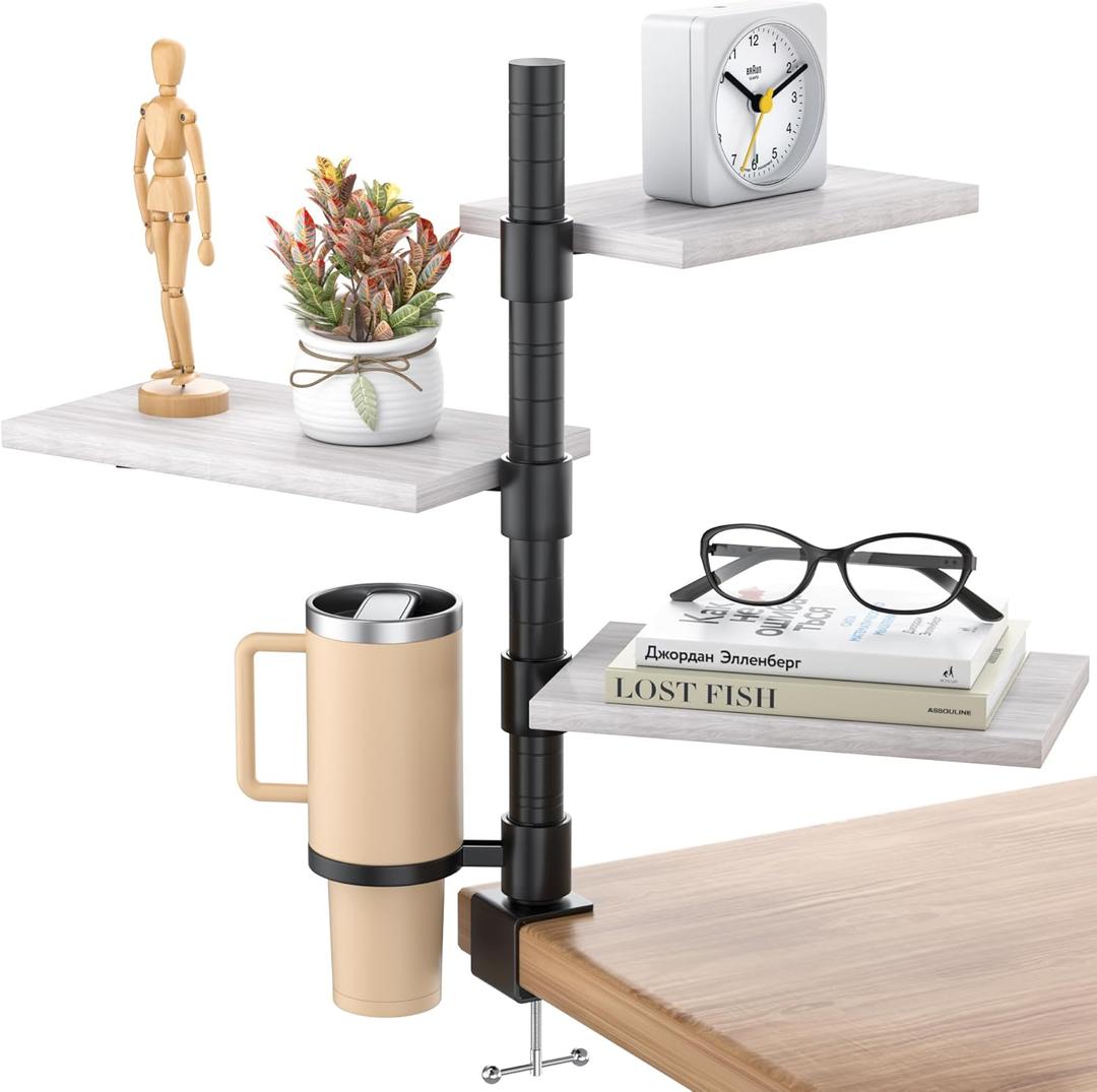 3-Tier Clamp On Desk Shelf with Cup Holder, Rotatable Height Adjustable Over or Under Desk Storage Shelves, Heavy Duty Desktop Organizer Holds 33 lbs for Office Dorm Room Gaming Kitchen