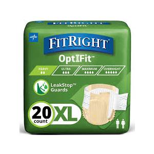 FitRight Adult Diapers, Extra+ Heavy Absorbency, XL (Waist Size 56in64in), 20 Count, OptiFit Incontinence Briefs for Men and Women, Disposable, MoistureWicking, Leak Protection,