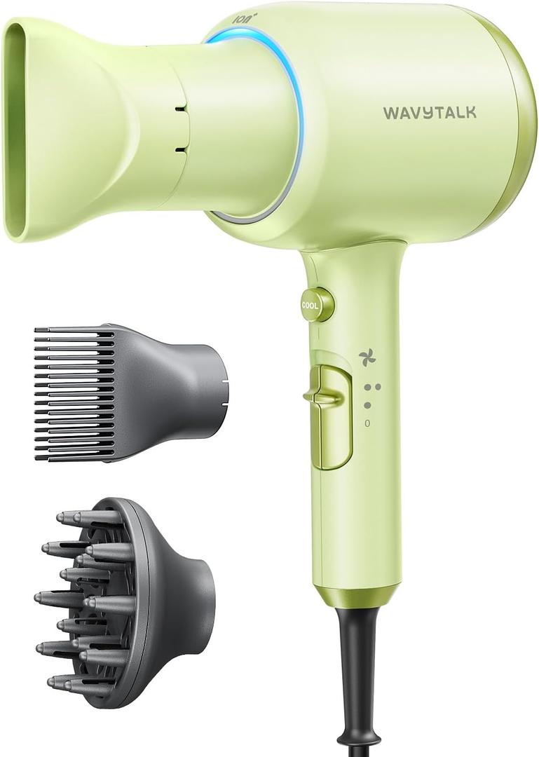Wavytalk Hair Dryer with Diffuser, Blown Away Ionic Hair Dryer for Curly Hair with Comb, 1875W Fast Drying Blow Dryer with Ceramic Technology, 3 Attachments for All Hair Types, Light and Quiet, Green