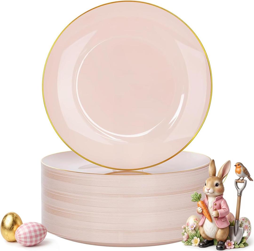 Nervure 100PCS Pink and Gold Plastic Plates - 10.25 inch Pink Disposable Plates with Gold Rim - Party Plate - Dinner Plate Ideal for Wedding & Party