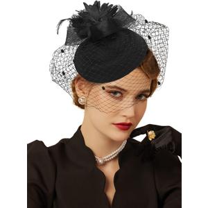 Cizoe Fascinator Hats for Women 20s 50s Vintage Pillbox Hat Kentucky Derby Fascinators Flower Veil Wedding Tea Party Hat (One Size, 1-a-black1)