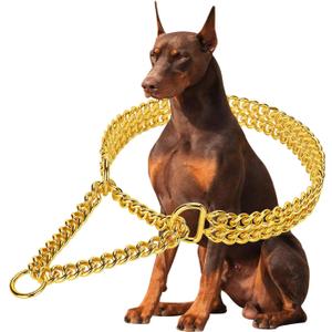 Gold Dog Collar Chain Stainless Steel 19K Gold Dog Collar Adjustable Walking, Metal Cuban Link Dog Collar Chew Proof Double Row Chain Dog Collar for Dogs (M 16" -20")