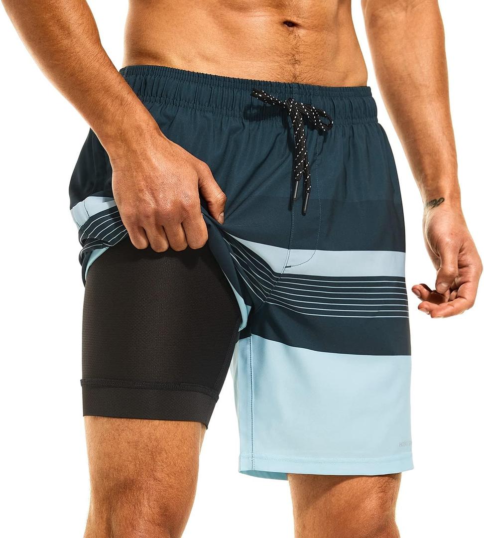 HODOSPORTS Mens Swimsuit Trunks 7" Quick-Dry Swim Shorts with Compression Liner and Zipper Pockets (XX-Large, 03 - Stripe C)