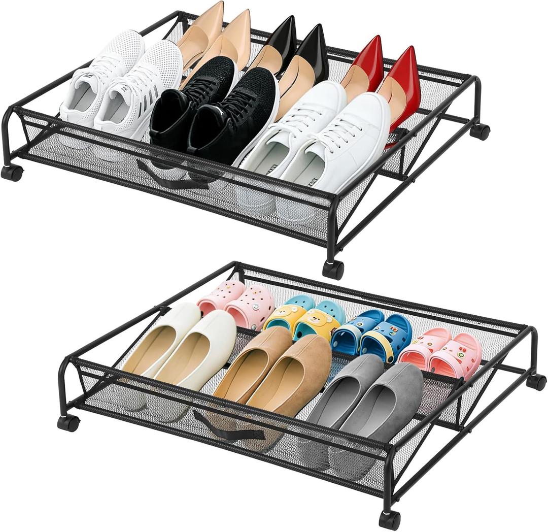 Under Bed Shoe Storage Organizer, 2-Pack Metal Mesh Storage Drawers with Wheels  Rolling Underbed Shoe Organizer for Space Saving Bedroom Organization (Black)