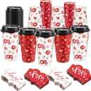 50 Pcs Disposable Paper Cups with Lids and Sleeves 16 oz Red White Hearts Paper Coffee Cups for Wedding Anniversary Party Supplies