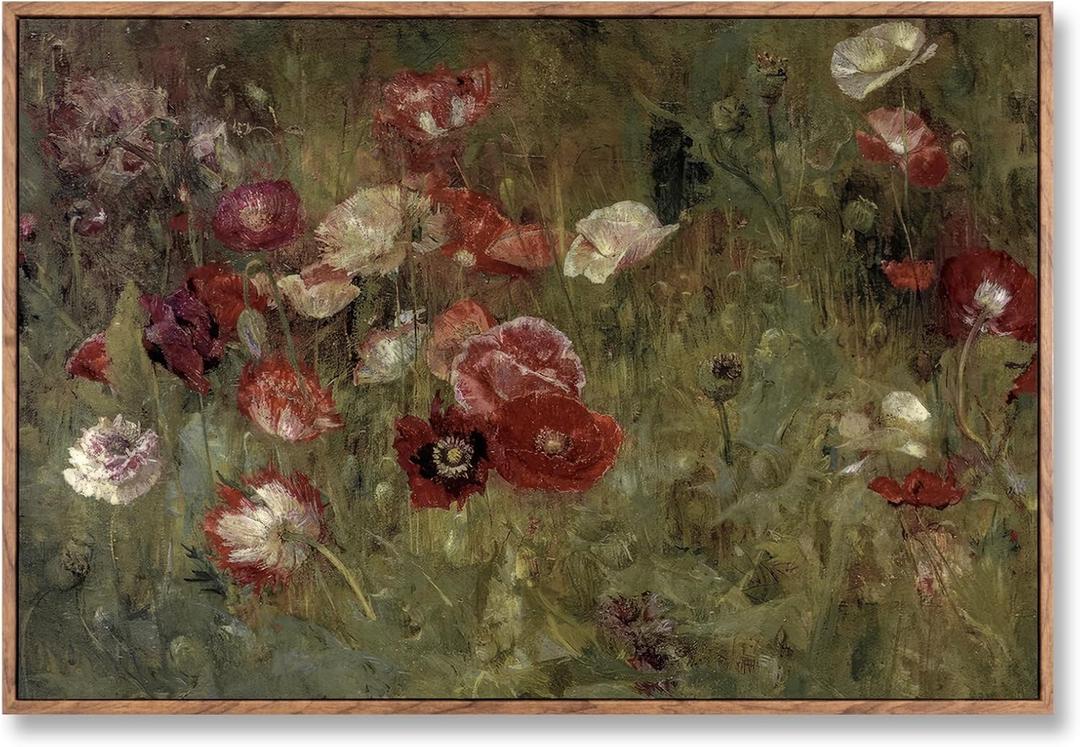 Vintage Poppy Floral Framed Canvas Wall Art, Classical Botanical Oil Painting Style Still Life Print, Natural Wood Frame Retro Farmhouse Wall Decor for Bedroom Office Living Room,24L x 16W