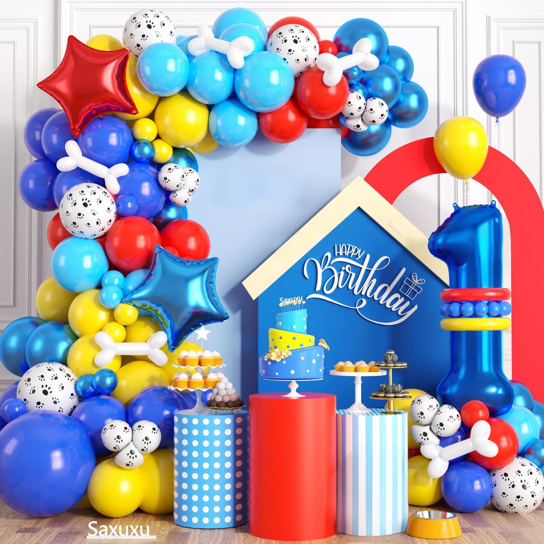 3 x 8th Birthday Decorations Boy, Dog Paw Eight Years Old Party Arch with Red Blue Yellow Long Latex Balloons 40 inch Number 8 Balloon and Star Foil for Paw Birthday Party Supplies