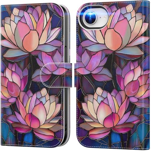 DEENAKIN for iPhone 16e Wallet Case with Card Holder + Cash Clip, RFID-Blocking, Military-Grade Drop Protection & UV-Printed Artwork, Magnetic Closure with Leather Kickstand - Blooming Lotus