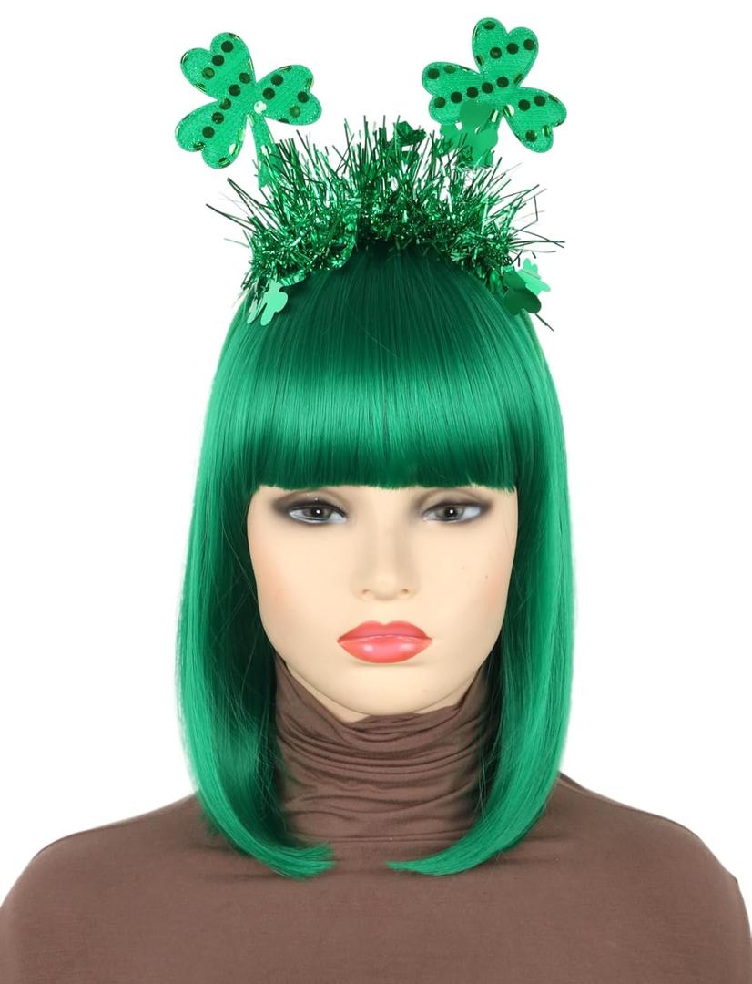 St. Patrick's Day Green Bob Wig with Shamrock Headband, Costume Party Accessory