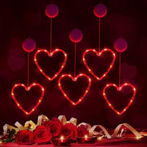 5 Pcs Timed Valentines Day Window Lights Hanging Red Heart Lights with Suction Cup Battery Operated Heart LED for Valentines Day Anniversary Wedding Home Decor(Red)