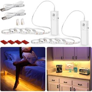 WOBANE Rechargeable Motion Sensor Strip Light, LED Closet Lights,Upgraded Battery Operated LED Strip Light for Wardrobe,Stair,Pantry,Cupboard,Bed,Locker,2700K Warmwhite, 6.56ft, 2 Pack