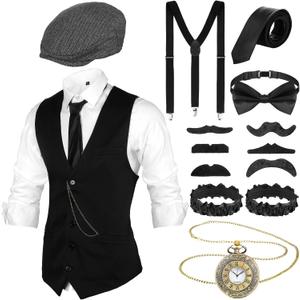 Foaincore 1920s Mens Costume Accessories Set Roaring 20s Costume, Vest, Vintage Pocket Watch, Pre Tied Bow Tie (Large, Black)
