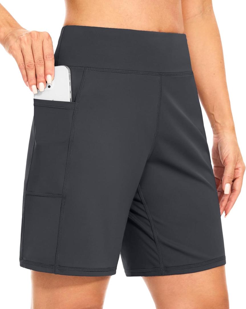 Blouty Women's 7" Bermuda Shorts with Pockets High Waisted Stretch Athletic Long Shorts for Women Workout Casual (Large, Dark Grey)