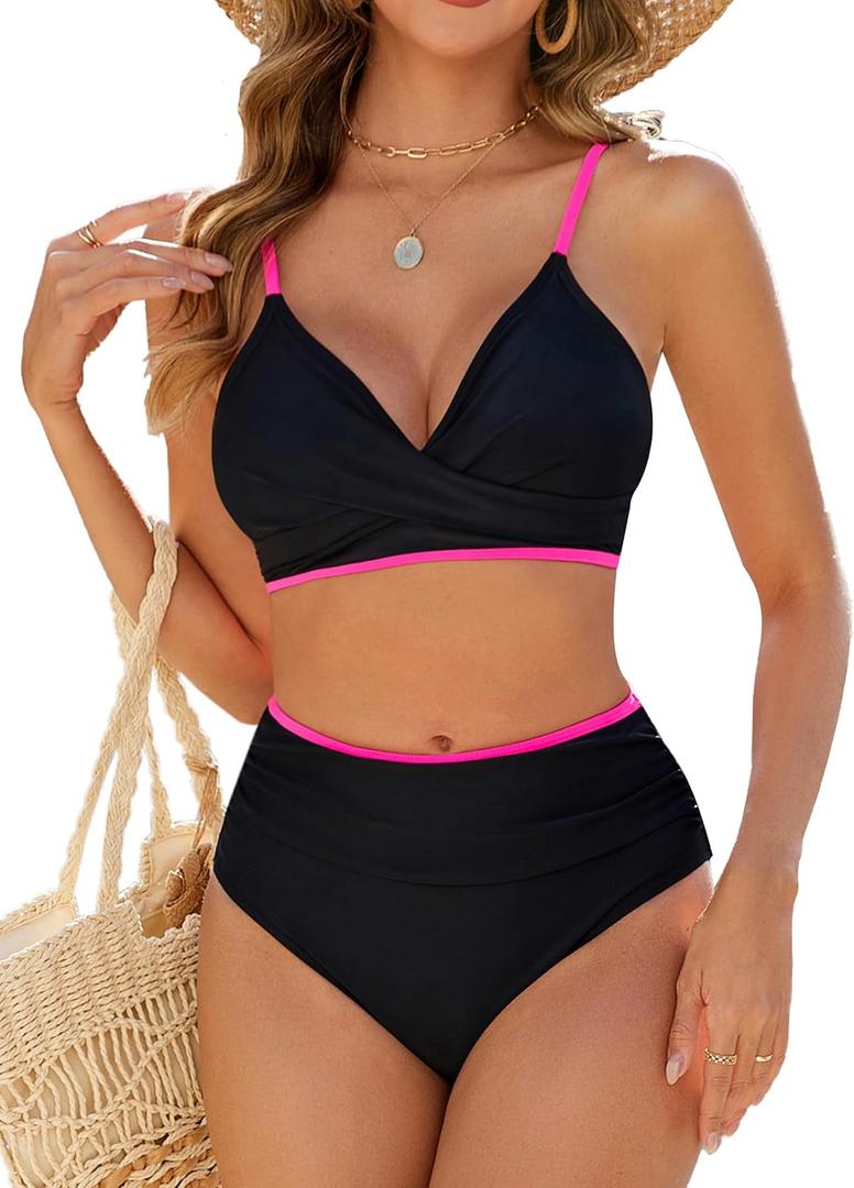 Edelqual Women's High Waisted Bikini Sets Two Piece Swimsuit Tummy Control Bathing Suit V Neck Swimwear 2025 Swim Suit Large, Black and Pink 