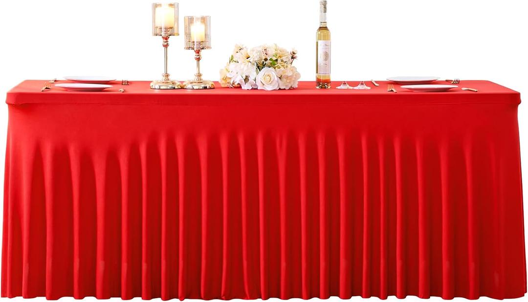Red Spandex Tablecloths for Rectangle Tables 6 Foot Red Stretch Table Cloth Rectangle 6ft Elastic Fitted Table Cover Fabric with Skirt for Wedding Baby Shower Graduation Birthday Party Banquet Buffet