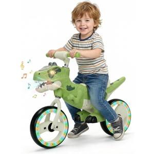 Dinosaur Balance Bike for Kids 3-5, Toddler Ride on Toy 4+ Year Old, Birthday Gift for Boys and Girls with Adjustable Handlebar, Music & Eye Flashing Lights, Carbon Steel Frame 10 Inch Wheels
