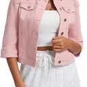 Women's Jean Jacket Cropped Denim Jacket Stretchy 3/4 Puff Sleeve Distressed with Pockets, Medium
