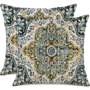 Outdoor Waterproof Pillow Covers - 18 x 18 Inch Set of 2 Bohemian Vintage Carpet Pattern Pillow Covers in Green and Blue Ethnic Design for Decorative Farmhouse, Couch, Garden, Balcony