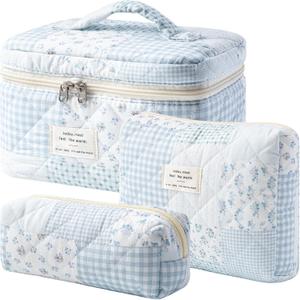 HBselect Quilted Makeup Bag, 3PCS Cotton Large Travel Makeup Bag, Cute Floral Coquette Make up Bag Cosmetic Bag Toiletry Bag for Women Girls