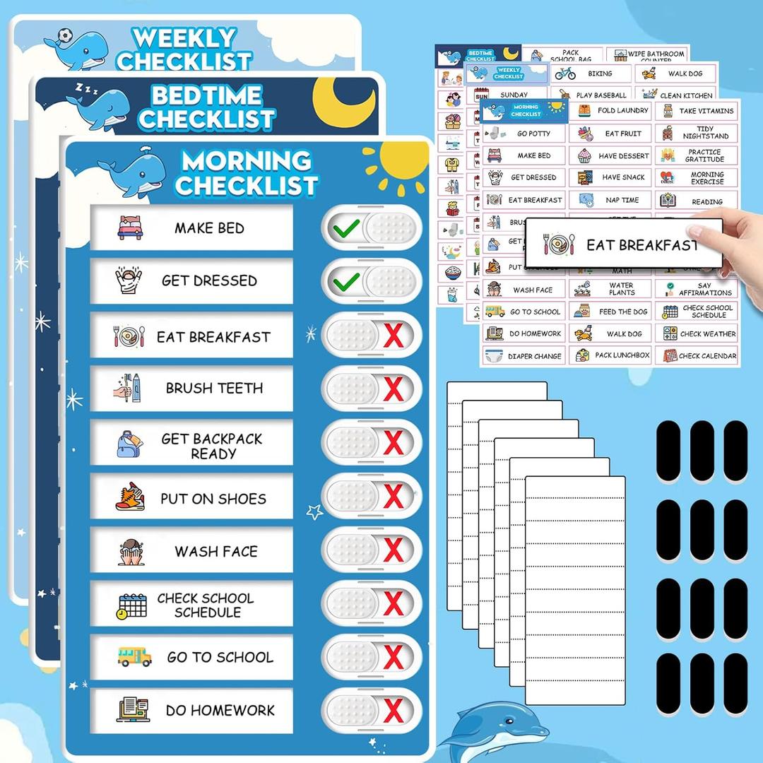 Upgraded Slider 3 in 1 Bedtime/Morning/Weekly Routine Chart for Kids, Magnetic Chore Chart for Kids with 99 Stickers, Cute Visual Schedule for Kid (Whale-3 Packs)