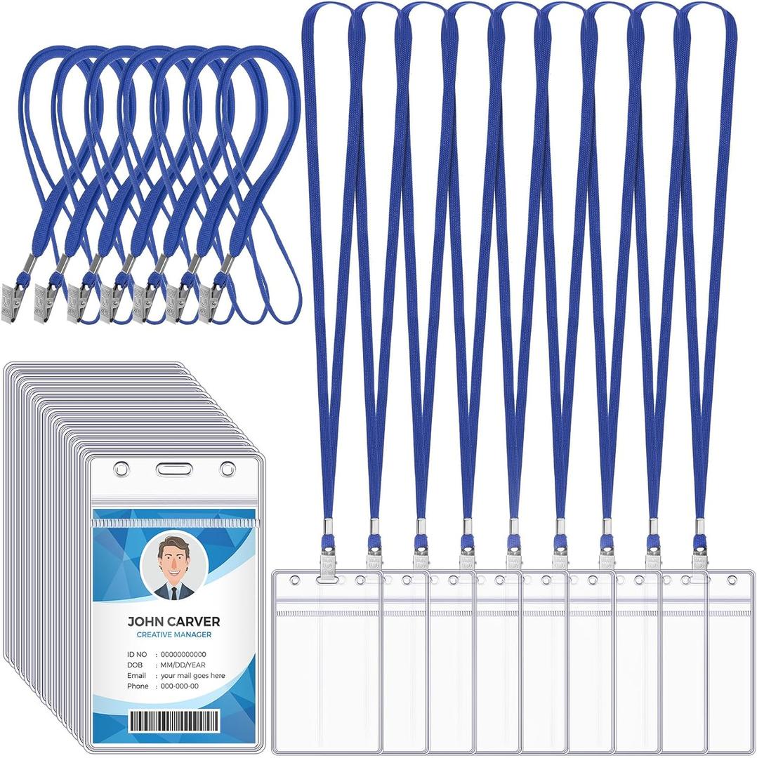 Marspark 100 Pcs ID Badge Holder with Lanyard Lanyards for ID Badges Resealable Flat Neck Name Tag with Clip Waterproof Plastic Clear Badges Bulk for School Office Supplies (Blue)