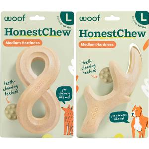 WOOF HonestChew Duo Dog Chew Toy Set for Dogs 60 lbs & Up
Includes Antler & Infinity, plant-based materials, splinter-resistant, durable chews, supports dental care, gift-ready set