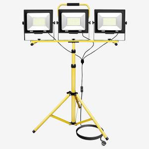 AUXTINGS 100W Triple LED Work Light,Job Site Light with Telescopic Removable Tripod Stand,3X 8000 Lumen, 100V140V, IP65 with 5m Cord and Switch for Workshop, Garage, Basement, Repairing Home