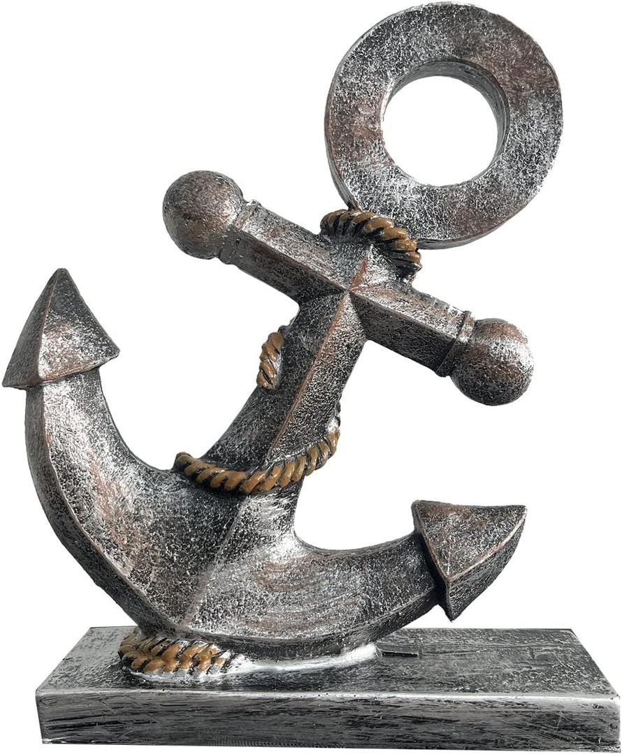 Anchor Sculpture Coastal Decor Nautical Boat Statue Art Ship Theme Retro Style Home Office Desktop Shelf Decoration Crafts Resin Ornament (Silver)
