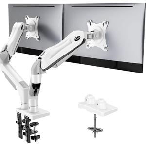 HUANUO Dual Monitor Stand - Full Adjustable Monitor Desk Mount Swivel Vesa Bracket with C Clamp, Grommet Mounting Base for 13 to 32 Inch Computer Screens - Each Arm Holds 4.4 to 19.8lbs - White