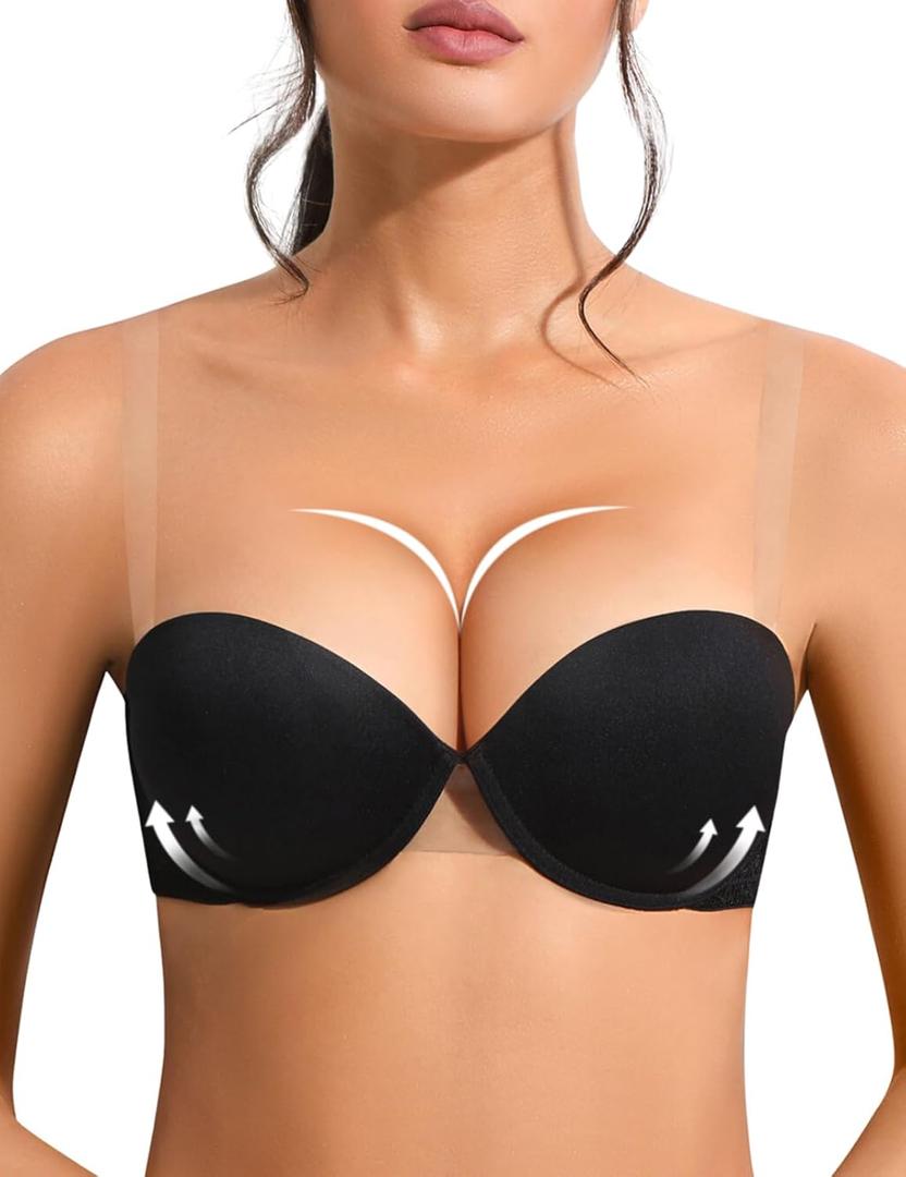 Strapless Push Up Bra with Clear Straps for Women, Thick Padded Underwire Convertible Bras Add One Cup (36B, Black)