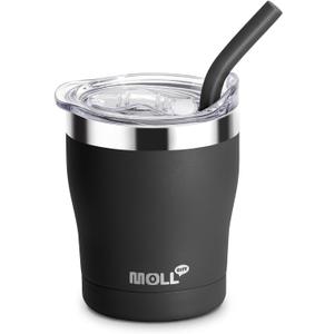 Kids Tumbler with Straw 9 oz Stainless Steel Double Wall Vacuum Insulated Cup with Leakproof Lid, Metal Travel Mug with Silicone Pad, BPA and Sweat-Free(Black) (1 Pack)