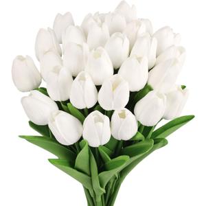 MACTING 30 PCS Artificial Tulip Flowers 13.7" Real Touch Fake PU Tulips Bouquet Faux White Flowers for Floral Arrangements Kitchen Table Centerpieces Home Summer Indoor Outdoor Decorations