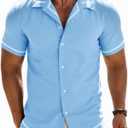 Runcati Mens Short Sleeve Shirt Button Down Casual Cuban Linen Shirts Summer Beach Vacation Tops Sky Blue (Blue, XXL)