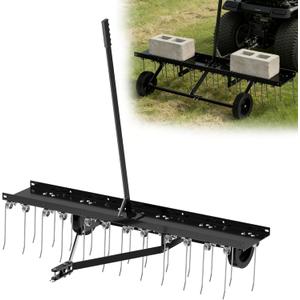 48" Tow Behind Dethatcher, Pull Behind Lawn Dethatcher with 24 Rust-Proof Tines & Heavy-Duty Tires, Tow Behind Rake for Yard & Garden Thatch and Dead Grass Removal, Fits Lawn Tractors, ATV, UTV, Black