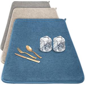 3 Pack XXL Dish Drying Mats,2417" Absorbent Microfiber Dishes Drainer Mats,Large Size Pads for Kitchen Counter,Coffee,Rack,Under Sink(Beige,Blue,Gray)