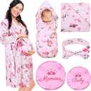 Mepase 5 Pcs Mommy and Me Hospital Matching Outfits Maternity Robe Swaddle Blanket Baby Girl Boys Headband Hat for Mom Baby (Light Pink)